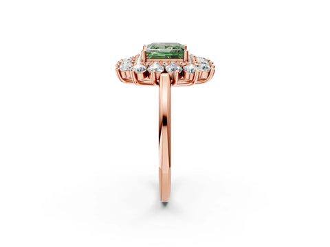 Rose gold Fancy Green Princess Cut Halo Cluster Diamond Ring with Pave Band and Four-Prong Setting_2