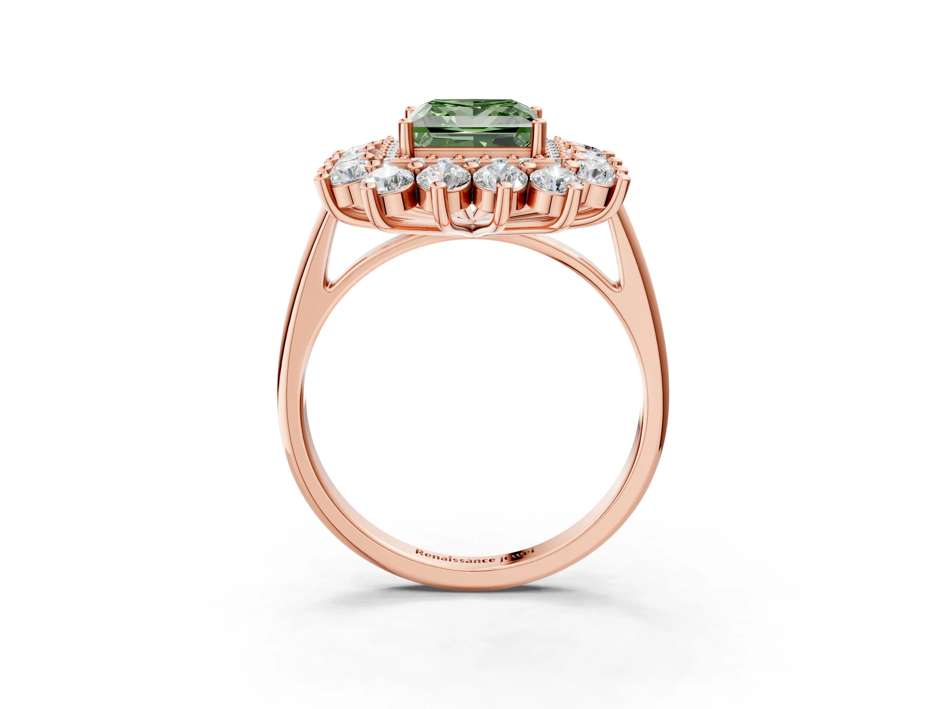 Rose gold Fancy Green Princess Cut Halo Cluster Diamond Ring with Pave Band and Four-Prong Setting_3