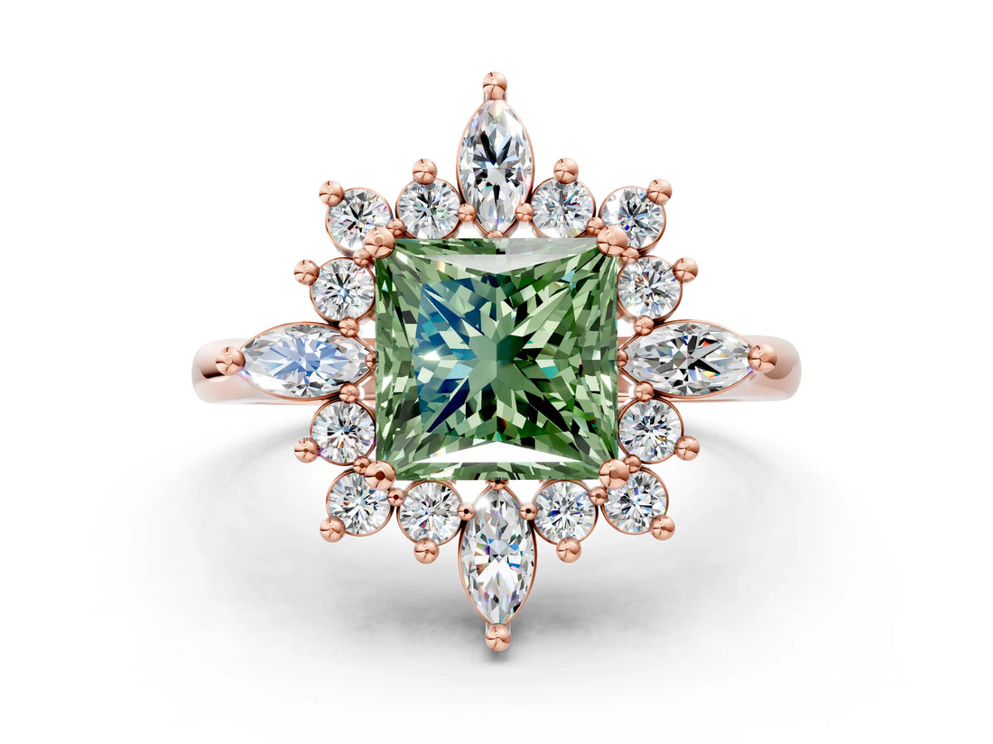 Rose gold Fancy Green Princess Cut Halo Diamond Cluster Ring with Marquise and Round Stones on a White Gold Band with Prong Setting