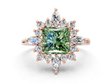 Rose gold Fancy Green Princess Cut Halo Diamond Cluster Ring with Marquise and Round Stones on a White Gold Band with Prong Setting