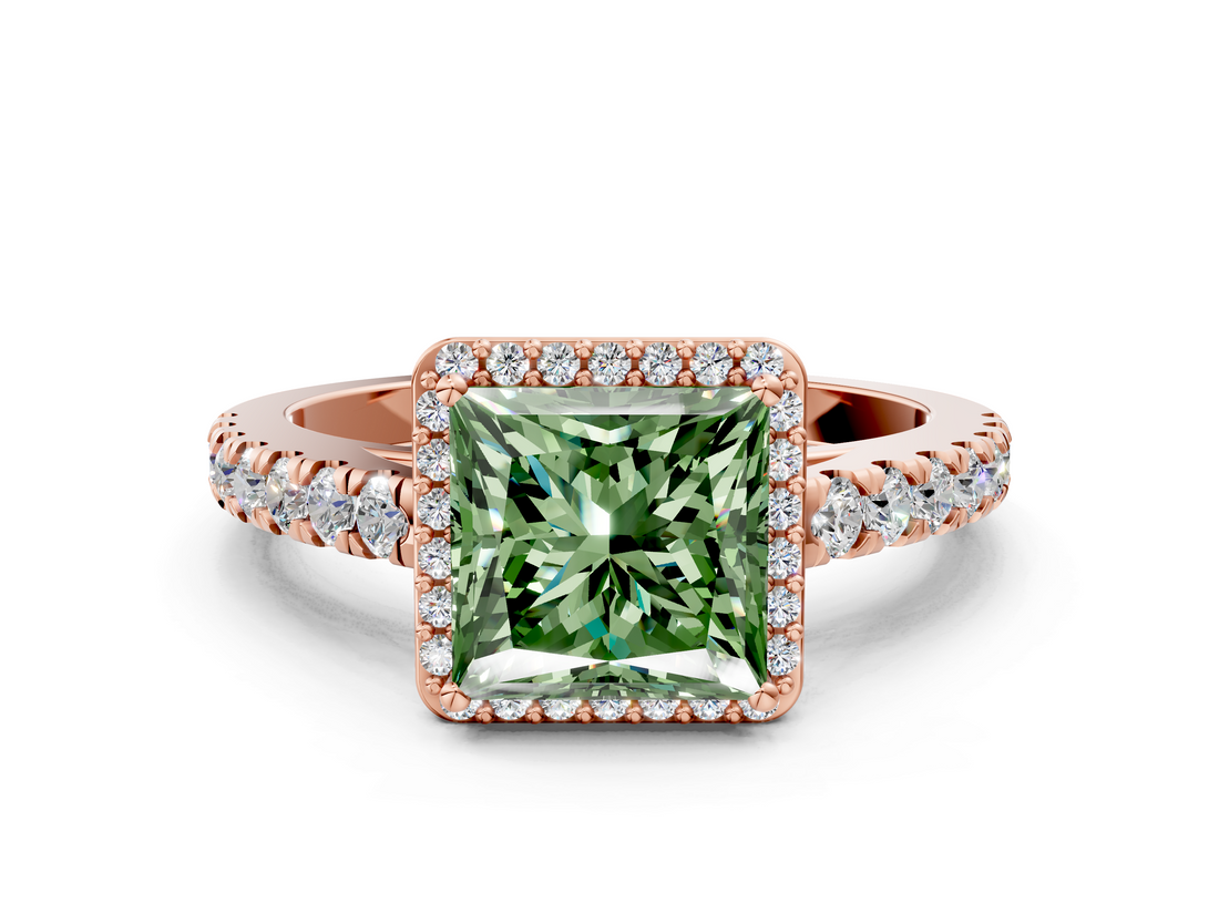 Rose gold Fancy Green Princess  Cut Halo Diamond Engagement Ring with Pave Band and Four-Prong Setting