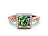 Rose gold Fancy Green Princess  Cut Halo Diamond Engagement Ring with Pave Band and Four-Prong Setting