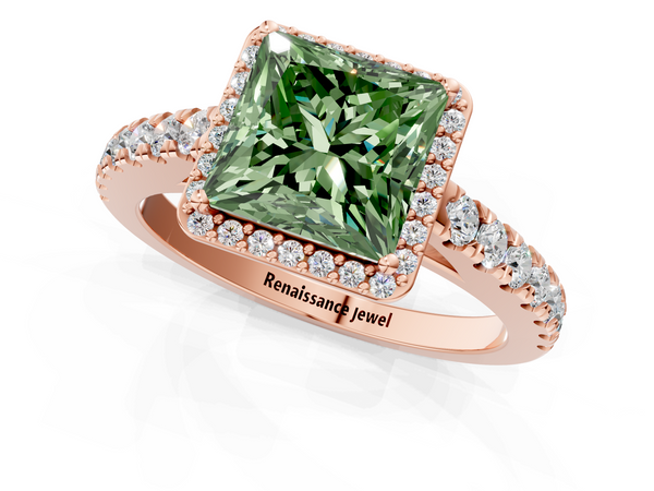 Rose gold Fancy Green Princess  Cut Halo Diamond Engagement Ring with Pave Band and Four-Prong Setting