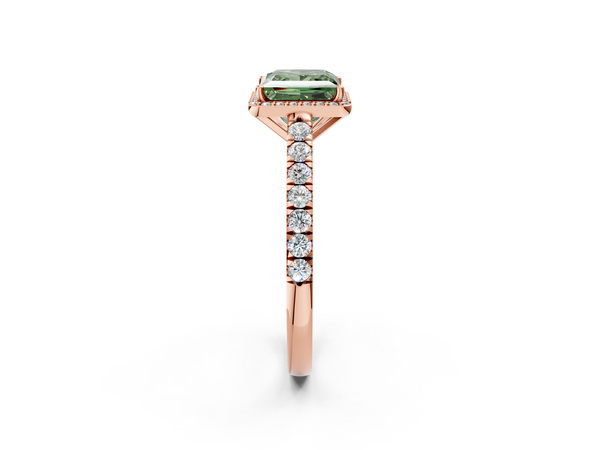 Rose gold Fancy Green Princess  Cut Halo Diamond Engagement Ring with Pave Band and Four-Prong Setting