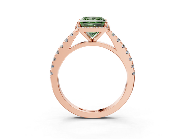 Rose gold Fancy Green Princess  Cut Halo Diamond Engagement Ring with Pave Band and Four-Prong Setting