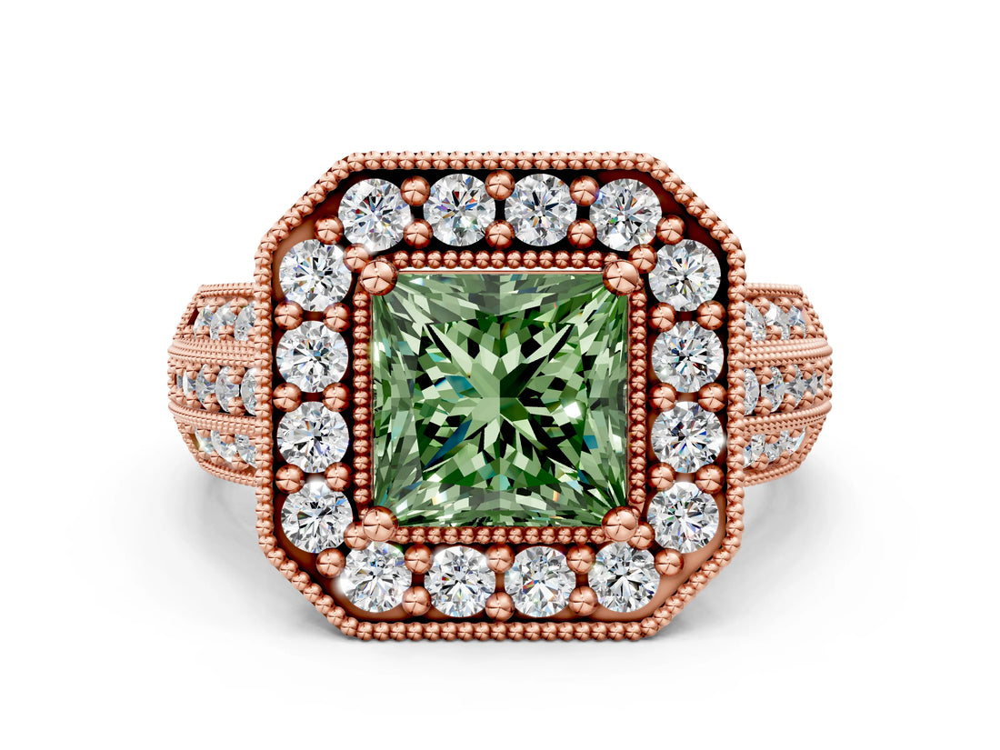 Rose gold Fancy Green Princess Cut Halo Diamond Engagement Ring with Pave Split Shank and Four-Prong Setting_12