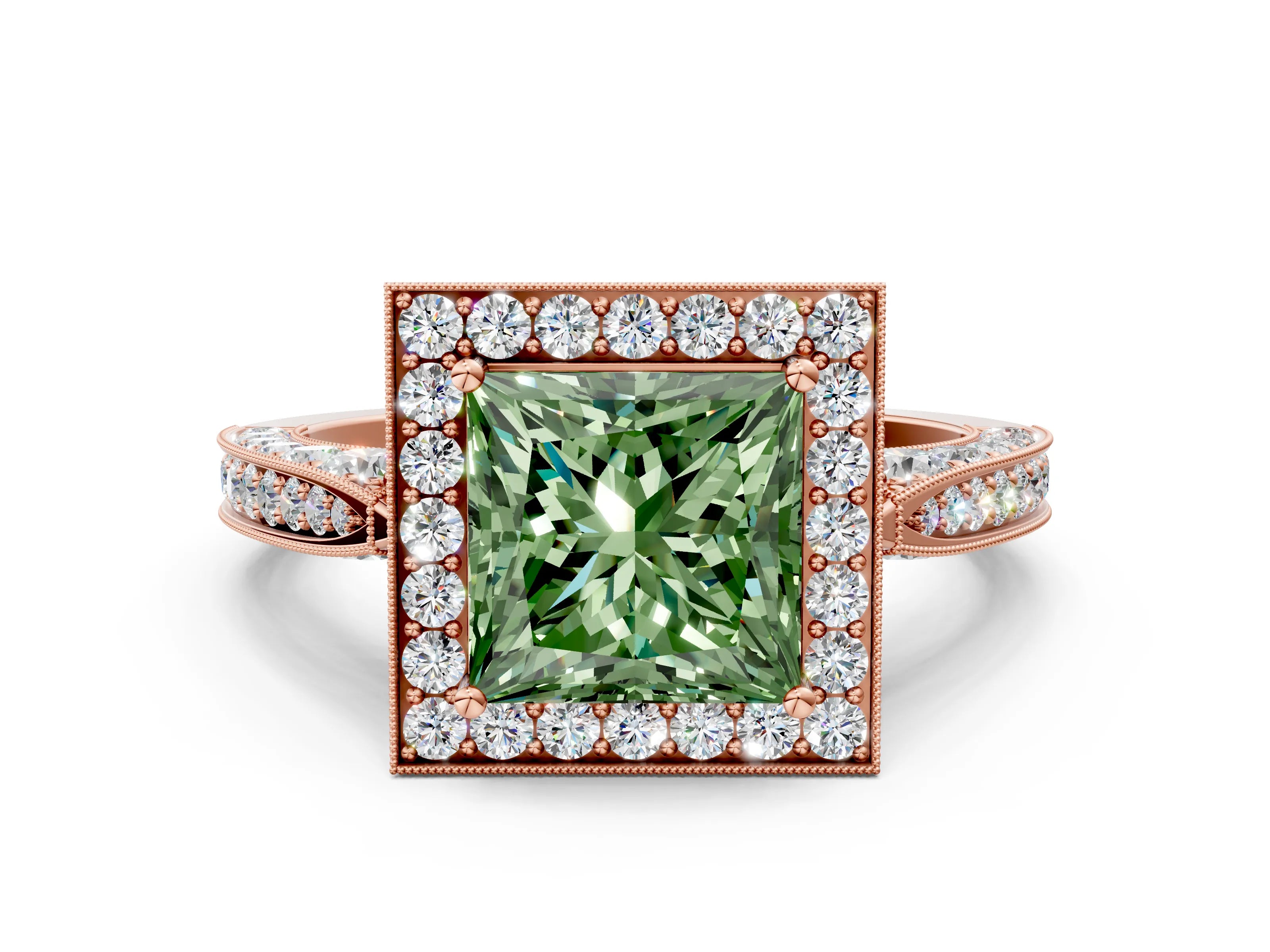 Rose gold Fancy Green Princess Cut Halo Diamond Engagement Ring with Split Shank Band and Four-Prong Setting