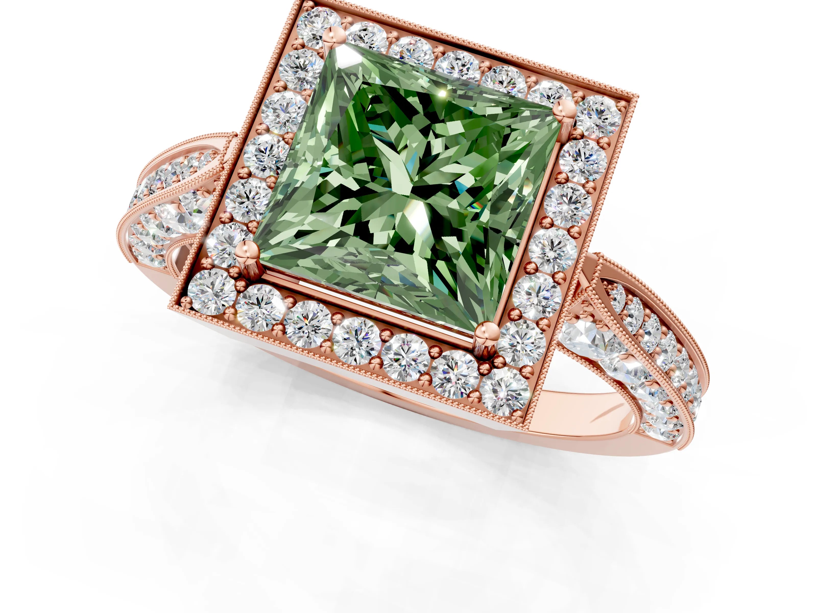 Rose gold Fancy Green Princess Cut Halo Diamond Engagement Ring with Split Shank Band and Four-Prong Setting_1