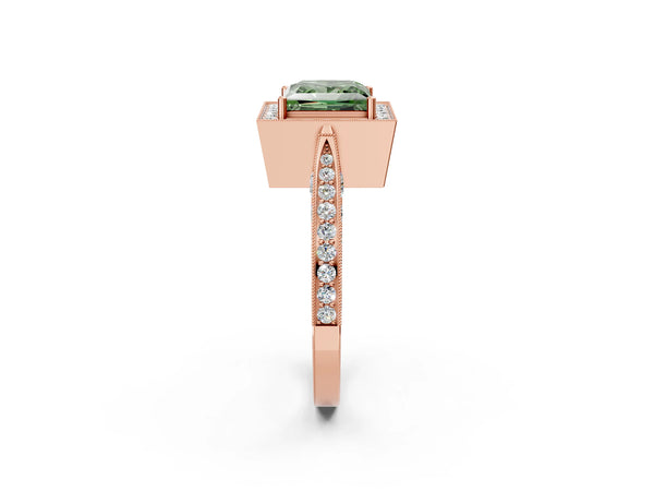 Rose Gold Princess Cut Milgrain Halo Engagement Ring Setting for Fancy Green Center with Pave