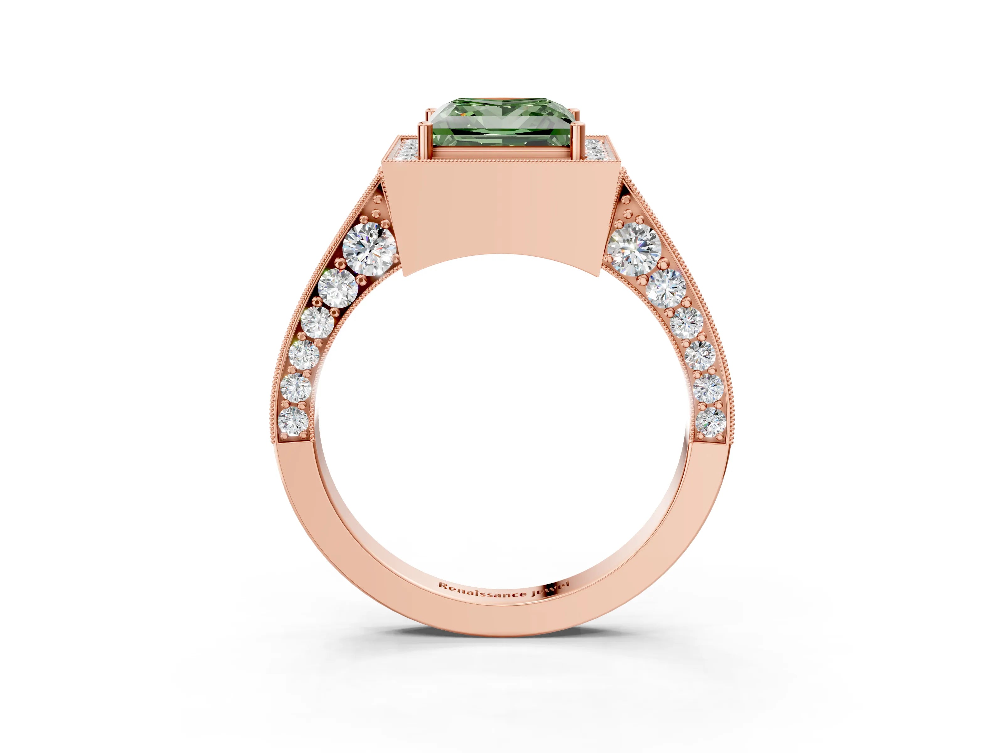 Rose gold Fancy Green Princess Cut Halo Diamond Engagement Ring with Split Shank Band and Four-Prong Setting_3