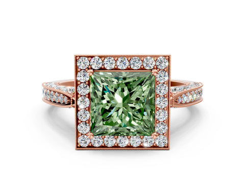 Rose gold Fancy Green Princess Cut Halo Diamond Engagement Ring with Split Shank Band and Four-Prong Setting