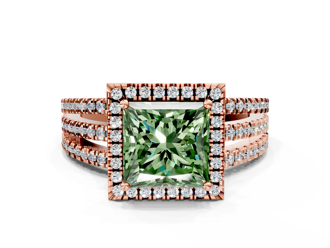 Rose gold Fancy Green Princess  Cut Halo Diamond Engagement Ring with Split Shank and Four-Prong Setting