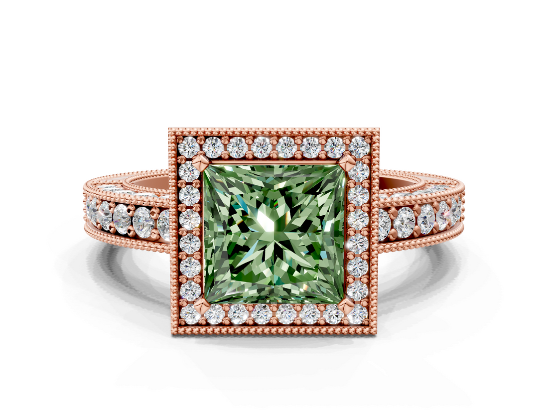 Rose gold Fancy Green Princess  Cut Halo Diamond Pave Band Ring with Four-Prong Setting