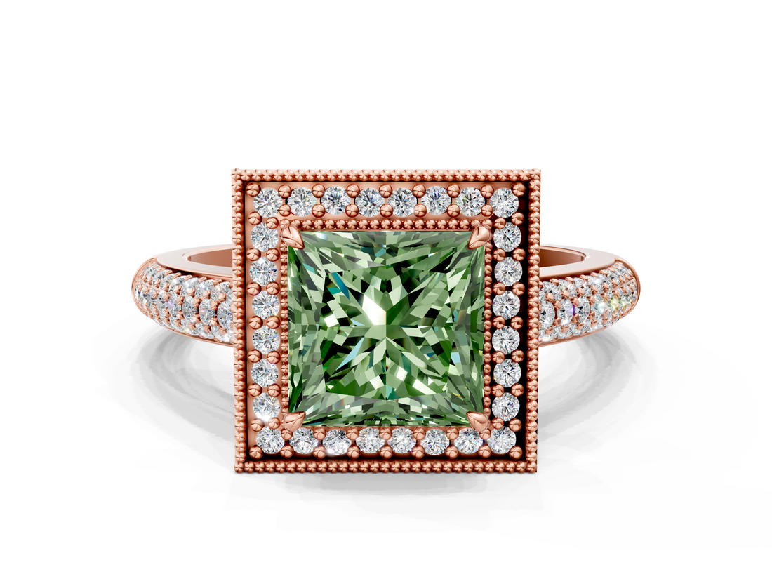 Rose gold Fancy Green Princess  Cut Halo Diamond Pave Band with Four-Prong Setting