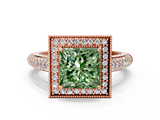 Rose gold Fancy Green Princess  Cut Halo Diamond Pave Band with Four-Prong Setting