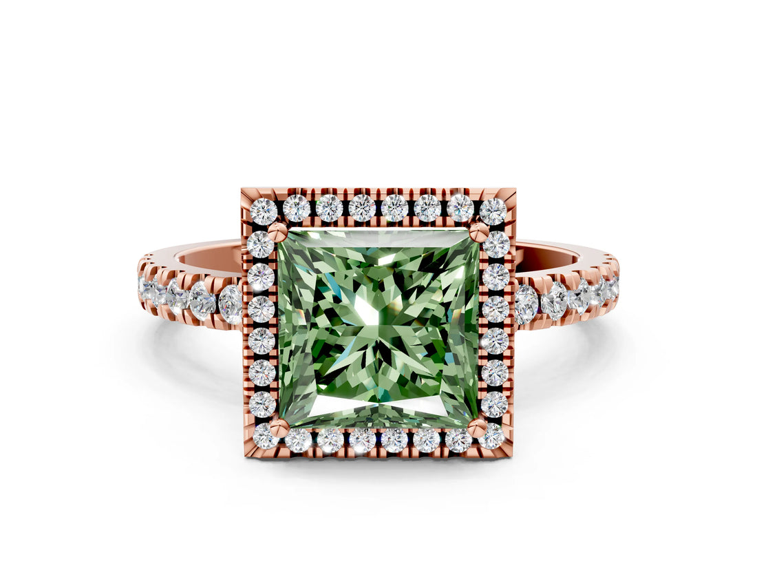 Rose gold Fancy Green Princess Cut Halo Diamond Pave Band with Prong Setting