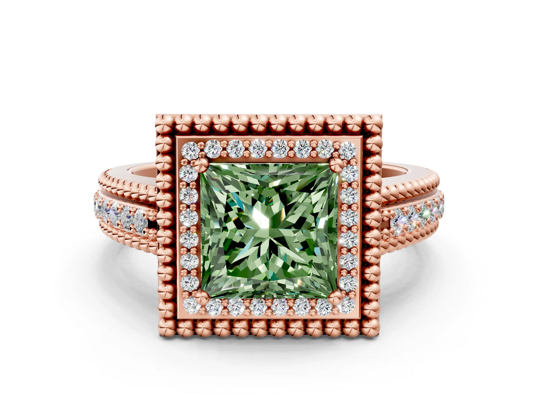 Rose gold Fancy Green Princess Cut Halo Diamond Ring with Beaded Split Shank and Four-Prong Setting