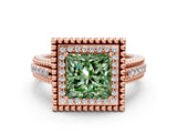 Rose gold Fancy Green Princess Cut Halo Diamond Ring with Beaded Split Shank and Four-Prong Setting