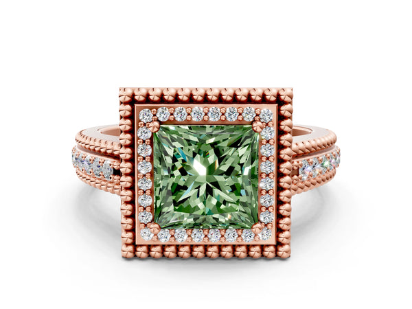 Rose Gold Princess Cut Beaded Halo Engagement Ring Setting for Fancy Green Center with Pave