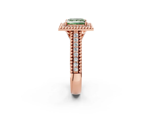 Rose Gold Princess Cut Beaded Halo Engagement Ring Setting for Fancy Green Center with Pave
