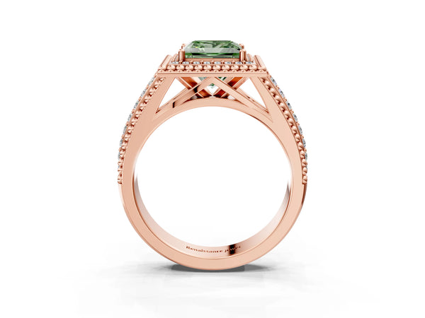 Rose Gold Princess Cut Beaded Halo Engagement Ring Setting for Fancy Green Center with Pave