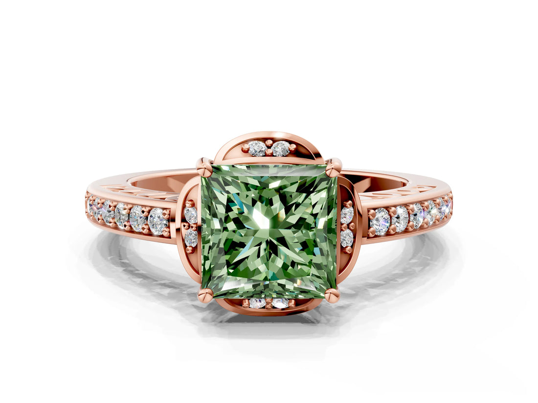 Rose gold Fancy Green Princess  Cut Halo Diamond Ring with Channel Set Band and Four-Prong Setting_30