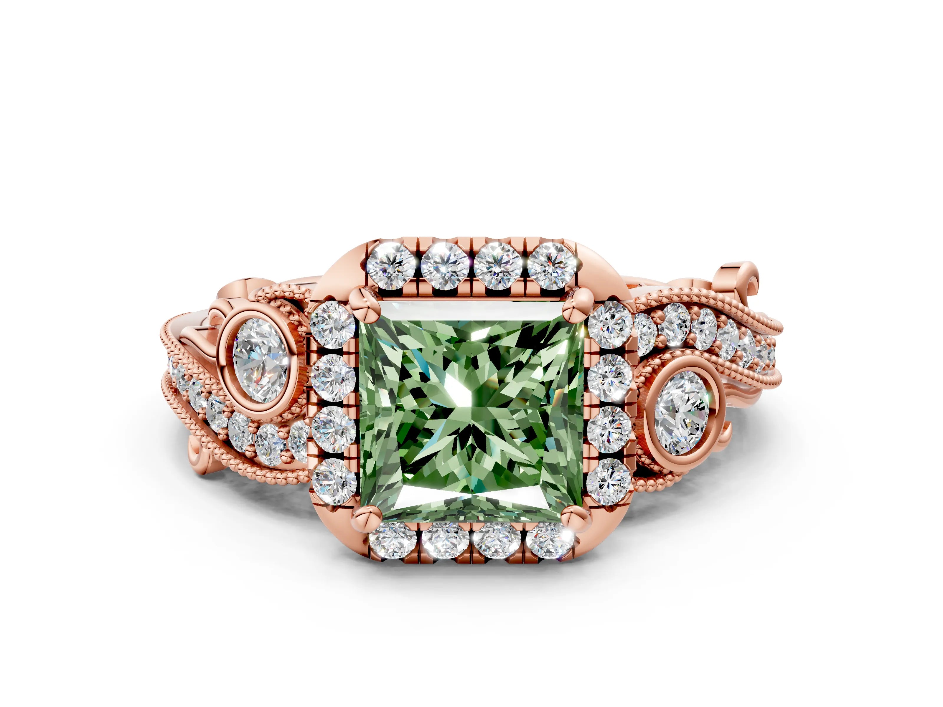 Rose gold Fancy Green Princess Cut Halo Diamond Ring with Milgrain and Bezel Accents on a Split Shank Band