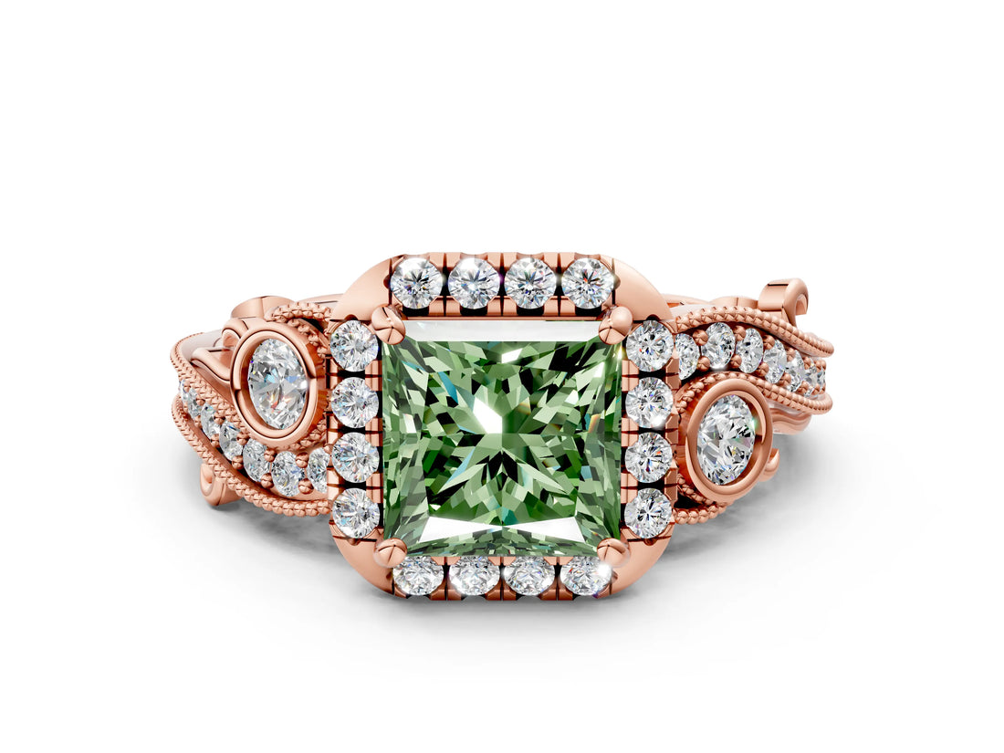 Rose gold Fancy Green Princess Cut Halo Diamond Ring with Milgrain and Bezel Accents on a Split Shank Band_12