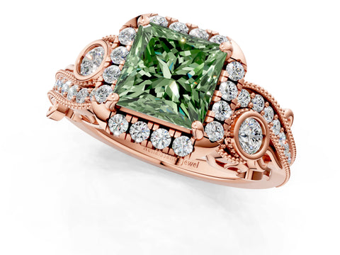 Rose gold Fancy Green Princess Cut Halo Diamond Ring with Milgrain and Bezel Accents on a Split Shank Band_1
