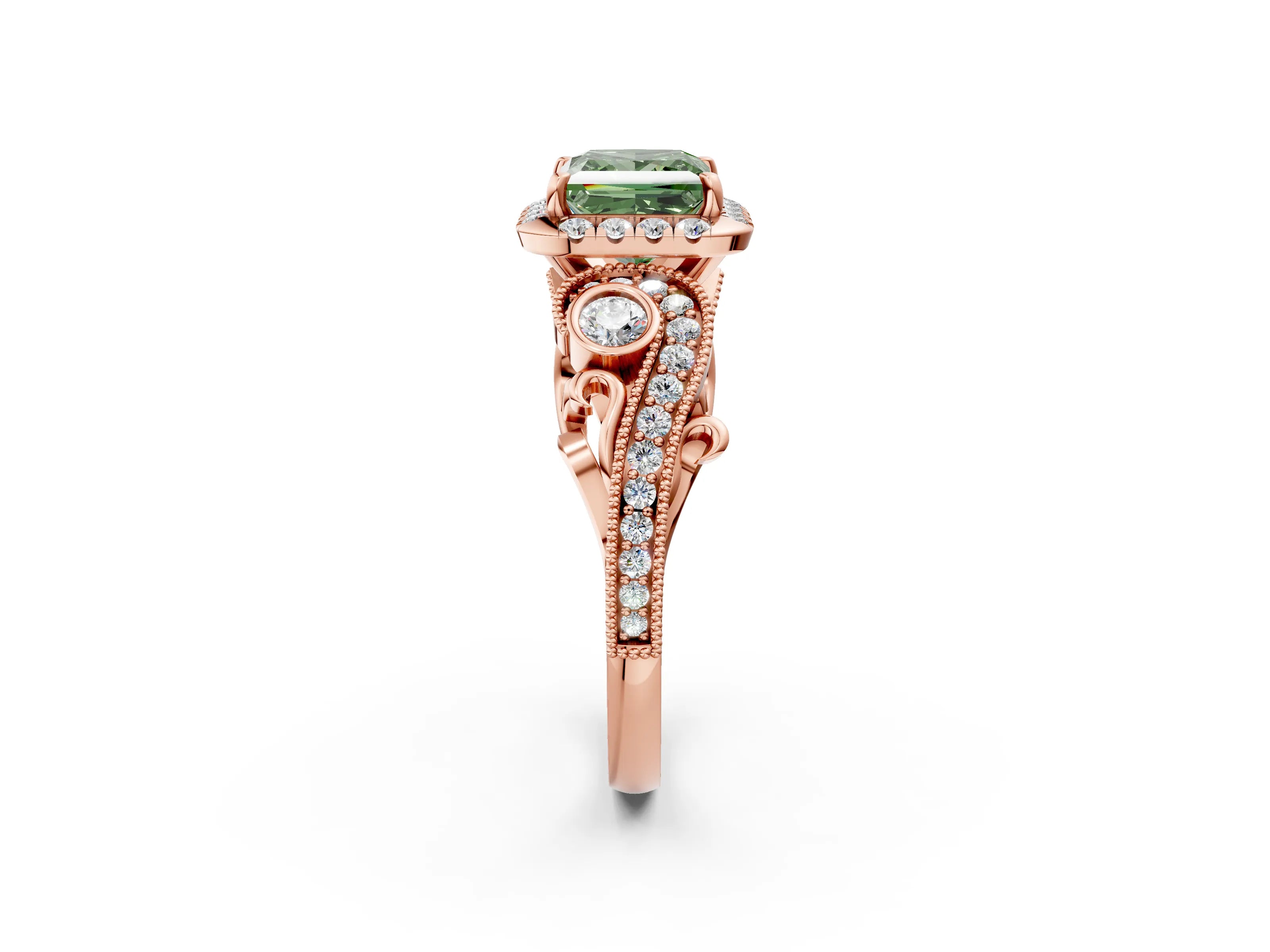 Rose gold Fancy Green Princess Cut Halo Diamond Ring with Milgrain and Bezel Accents on a Split Shank Band_2