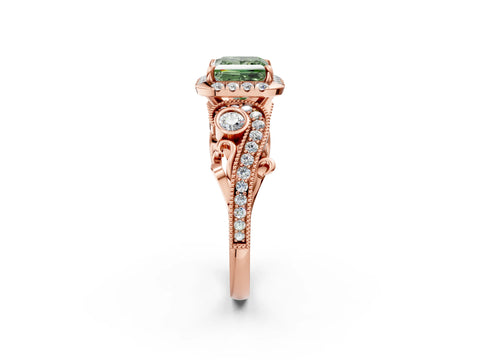 Rose gold Fancy Green Princess Cut Halo Diamond Ring with Milgrain and Bezel Accents on a Split Shank Band_2