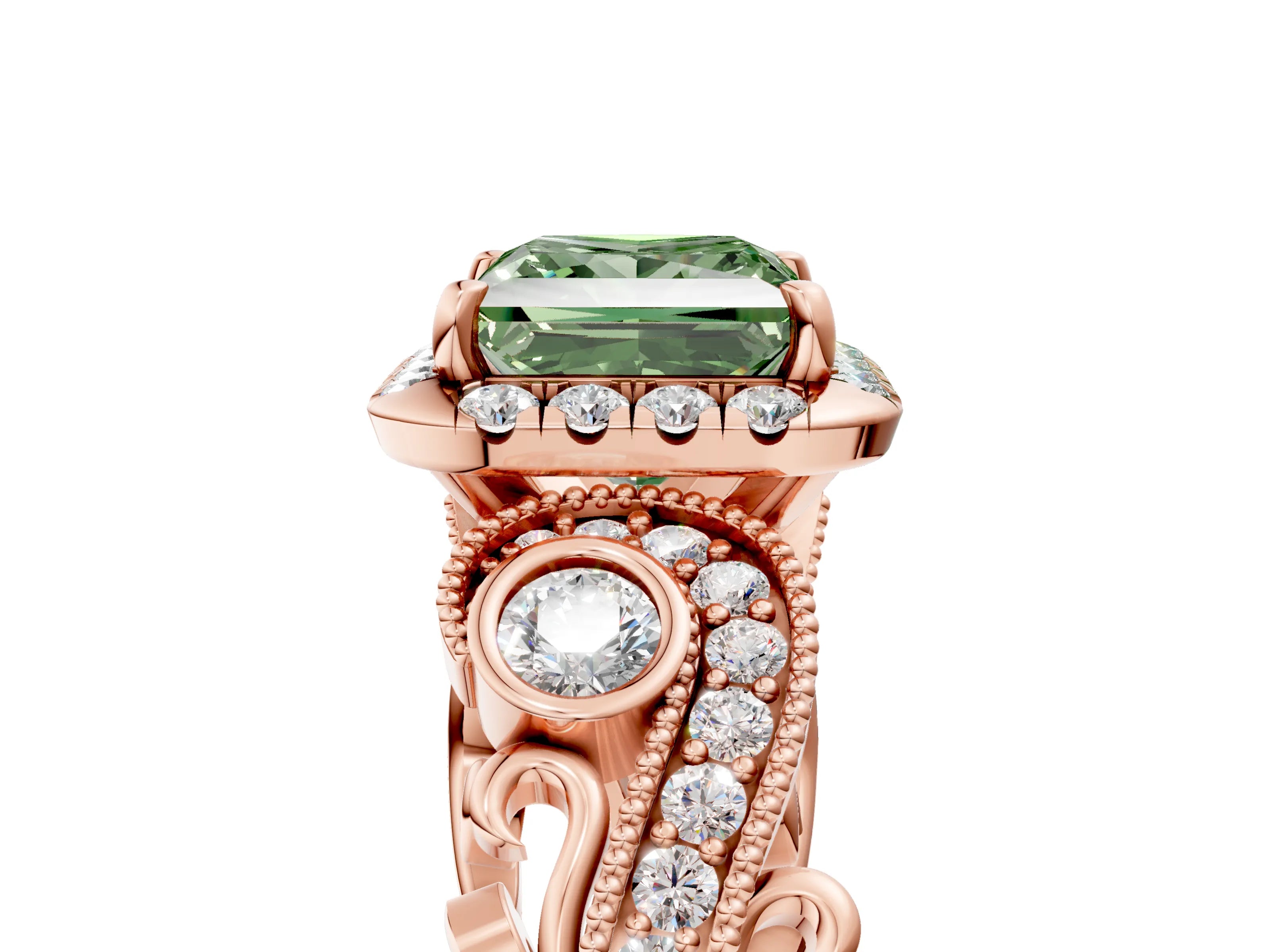 Rose gold Fancy Green Princess Cut Halo Diamond Ring with Milgrain and Bezel Accents on a Split Shank Band_5