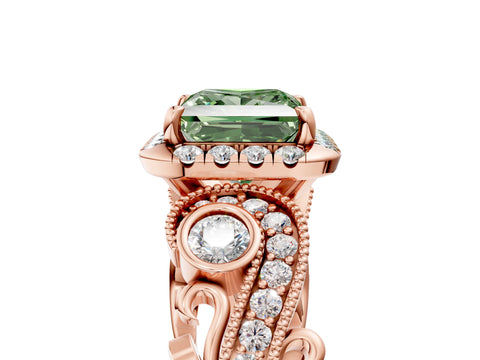 Rose gold Fancy Green Princess Cut Halo Diamond Ring with Milgrain and Bezel Accents on a Split Shank Band_5