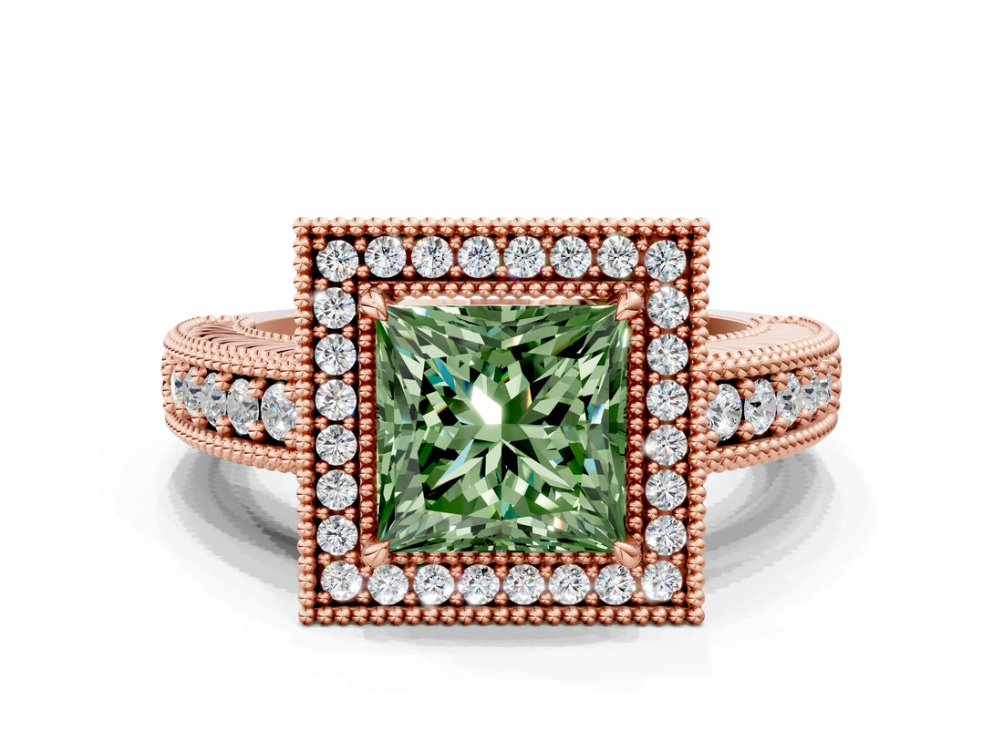 Rose gold Fancy Green Princess  Cut Halo Diamond Ring with Pavé Band and Four-Prong Setting_30
