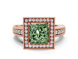 Rose gold Fancy Green Princess  Cut Halo Diamond Ring with Pavé Band and Four-Prong Setting_30