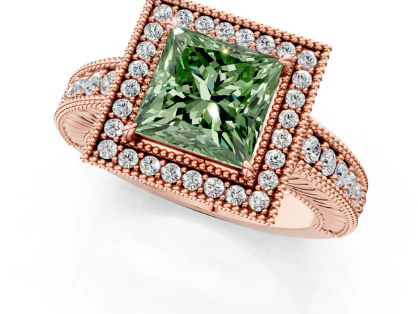 Rose gold Fancy Green Princess  Cut Halo Diamond Ring with Pavé Band and Four-Prong Setting