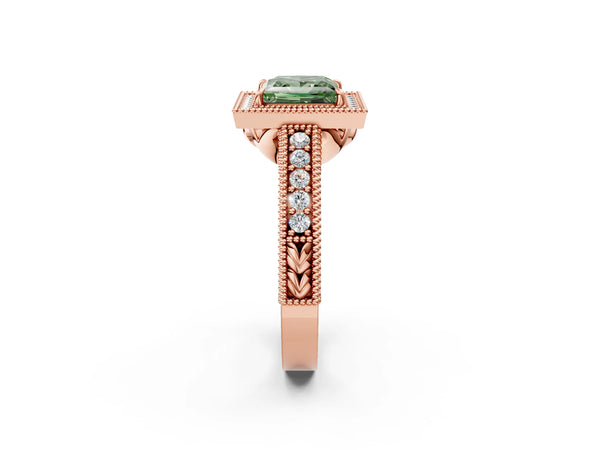 Rose gold Fancy Green Princess  Cut Halo Diamond Ring with Pavé Band and Four-Prong Setting