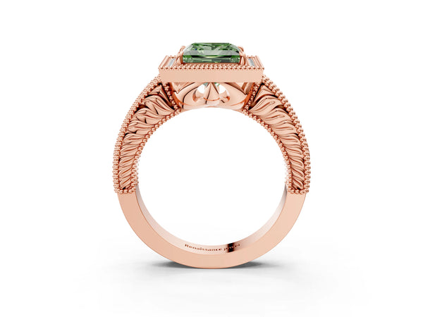 Rose gold Fancy Green Princess  Cut Halo Diamond Ring with Pavé Band and Four-Prong Setting