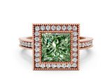 Rose gold Fancy Green Princess  Cut Halo Diamond Ring with Pavé Band and Milgrain Prong Setting_32