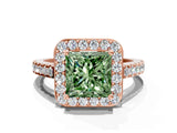 Rose gold Fancy Green Princess Cut Halo Diamond Ring with Pavé Band and Three-Prong Setting
