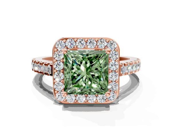 Rose gold Fancy Green Princess Cut Halo Diamond Ring with Pavé Band and Three-Prong Setting