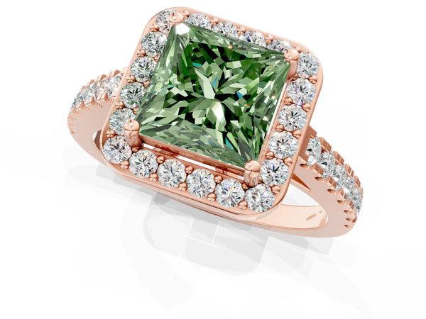 Rose gold Fancy Green Princess Cut Halo Diamond Ring with Pavé Band and Three-Prong Setting