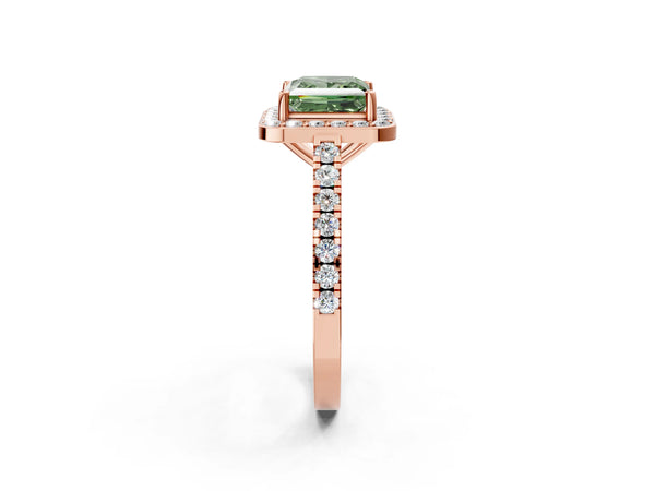 Rose gold Fancy Green Princess Cut Halo Diamond Ring with Pavé Band and Three-Prong Setting
