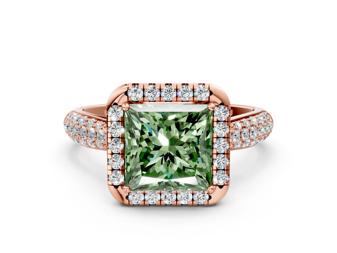Rose gold Fancy Green Princess Cut Halo Diamond Ring with Pavé Band