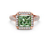 Rose gold Fancy Green Princess Cut Halo Diamond Ring with Pavé Band