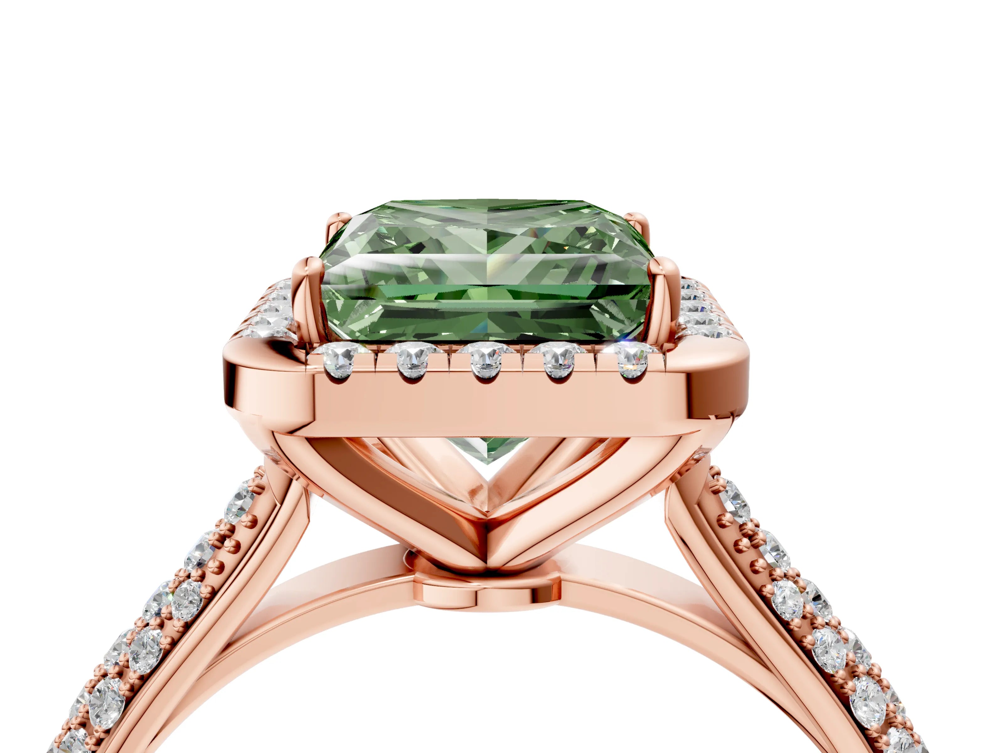 Rose gold Fancy Green Princess Cut Halo Diamond Ring with Pavé Band_4