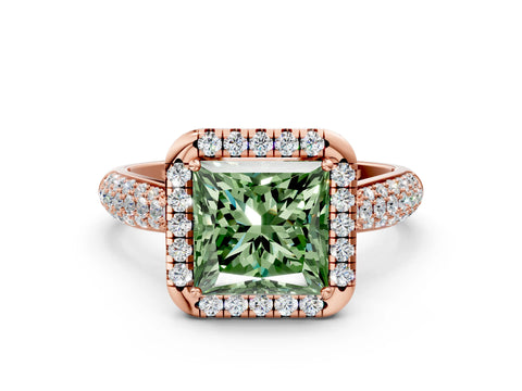 Rose gold Fancy Green Princess Cut Halo Diamond Ring with Pavé Band