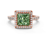 Rose gold Fancy Green Princess  Cut Halo Diamond Ring with Pave Band and Four-Prong Setting
