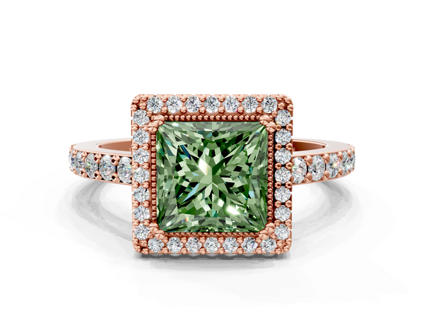 Rose gold Fancy Green Princess  Cut Diamond Halo Engagement Ring with Milgrain Detail and Pavé Band