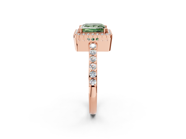 Rose gold Fancy Green Princess  Cut Diamond Halo Engagement Ring with Milgrain Detail and Pavé Band
